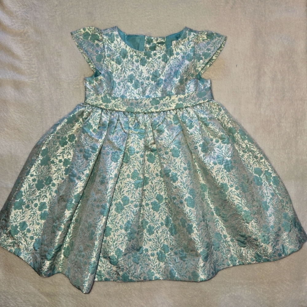 Gymboree Teal N Silver 18-24M Brocade Flowers Beautiful PARTY DRESS - Picture 4 of 12